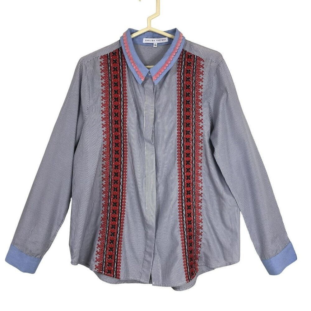 Anthropologie English Factory Shirt Pinstripe Embroidered Detailed Sz M Womens